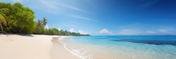  Panorama tropical sea and sandy beach with blue sky banner. Generative AI
