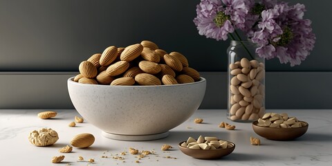 Wall Mural - On a marble table is a bowl of organic peanuts and cookies. Generative AI