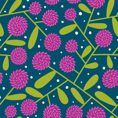 Wildflower floral seamless pattern. Cute dark autumn chrysanthemum blooming petals on navy background. Gentle elegant romantic flower print for fabric or wrapping paper.