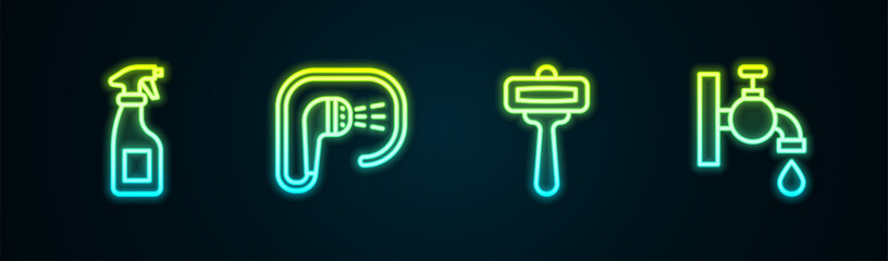 Poster - Set line Cleaning spray bottle, Shower, Shaving razor and Water tap. Glowing neon icon. Vector