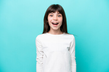 Little caucasian girl isolated on blue background with surprise facial expression