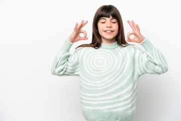 Wall Mural - Little caucasian girl isolated on white background in zen pose