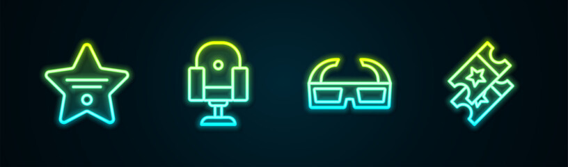 Sticker - Set line Walk of fame star, Director movie chair, 3D cinema glasses and Cinema ticket. Glowing neon icon. Vector