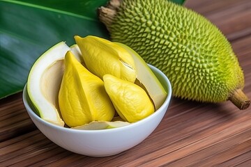 Sticker - bowl of ripe bananas next to a fresh green leaf. Generative AI