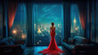 © Jimerb - An elegant woman on a high rise balcony looking out over a city at dusk wearing a long red dress.generative ai