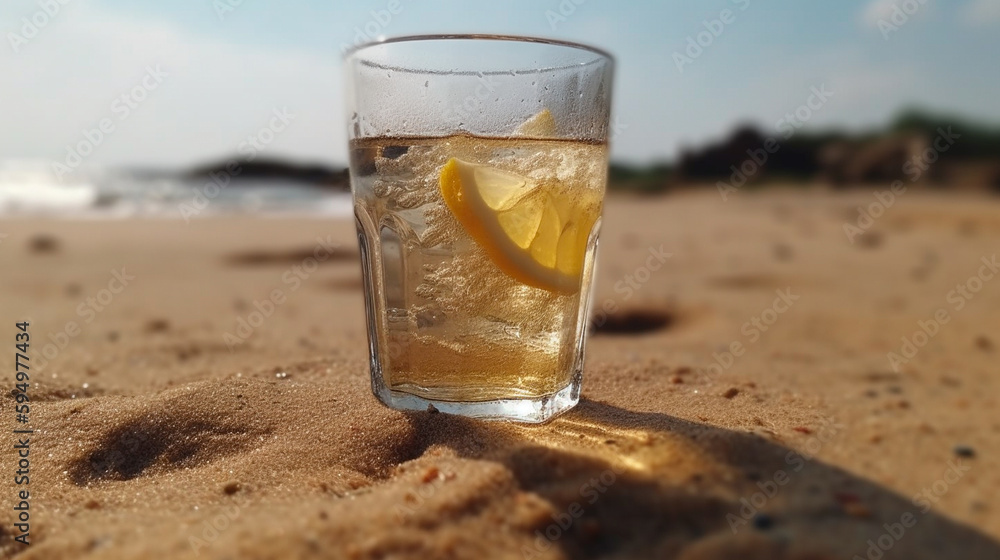 Cold drink with ice and a slice of lemon on the beach on a hot summer ...