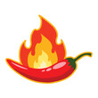 Hot red chili pepper with burning fire. Red pepper with fire isolated on white background, high quality vector. Illustration of food hot chilli pepper in flat style.