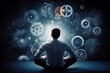 © VicenSanh - a business man sitting in floor, gears dark background, business development concept, generative ai