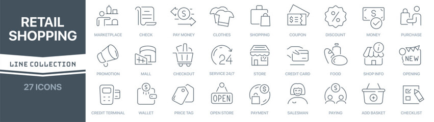 Retail and shopping linear signed icon collection. Signed thin line icons collection. Set of retail and shopping simple outline icons