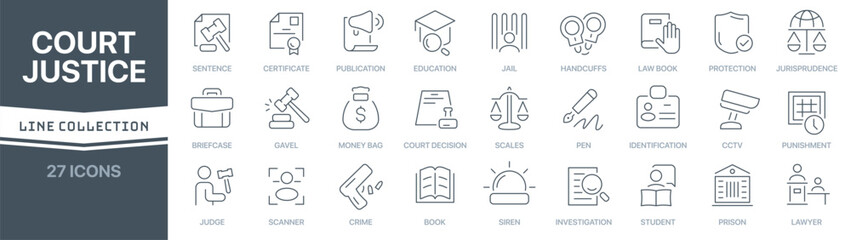 Aufkleber - Court and justice linear signed icon collection. Signed thin line icons collection. Set of court and justice simple outline icons