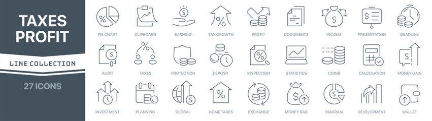 Aufkleber - Taxes and profit linear signed icon collection. Signed thin line icons collection. Set of taxes and profit simple outline icons