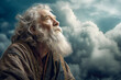 Old man with a beard, with a stormy sky in the background. Visionary man, philosopher, wise man or prophet. Cinematic effect. Created with Generative AI technology.