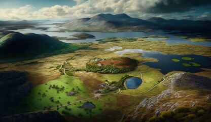 Wall Mural - Downhill ground in the Ring of Kerry, Farraniaragh as seen from above Generative AI