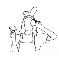 Wall Mural - continuous line drawing of young woman wearing bunny clothes covering eyes with colorful eggs