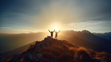 Two People Silhouette With Arms Raised Up On Mountain Top At Sunset. Generative AI Illustration