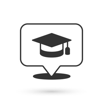 Grey Graduation cap in speech bubble icon isolated on white background. Graduation hat with tassel icon. Vector
