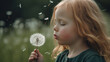 Little blond girl blowing dandelion seeds in green field, Generative AI illustration