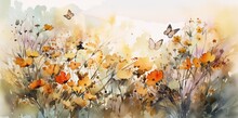 Amazing Landscape Painted Watercolor Style With Wild Grass, Butterflies Flying And Flowers. Generative AI