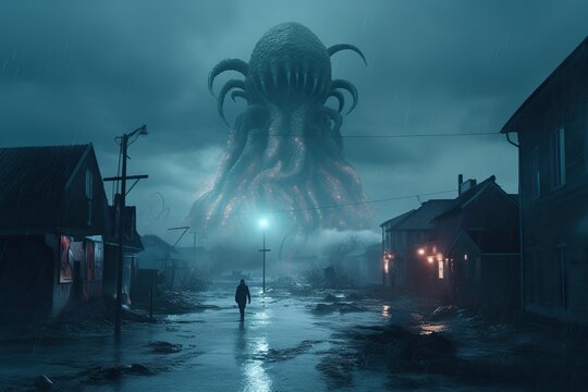 Monster Cthulhu attacked city and boats at seaport pier. Apocalypse monster with tentacles, fear horror