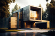 Modern minimalistic architecture of block house with garage. Building exterior of contemporary villa. Private real estate Generative AI