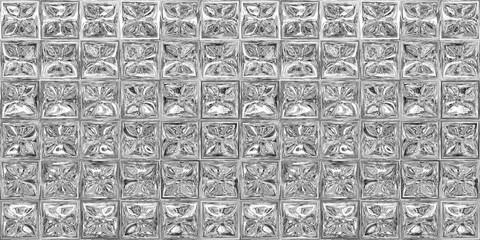 Seamless retro glass block wall background texture transparent overlay. Vintage silver disco ball pattern or shiny metallic foil. Luxury crystal cut mosaic brick tile room divider. 3D rendering.