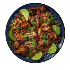 Wall Mural - Carnitas On A Blue Abstraction Round Plate On Isolated Transparent Background Mexican Food. Generative AI