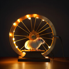 Hamster runs in wheel and generates electricity, light bulbs burn in wheel, concept of saving electricity, ai generative