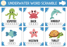 Vector Under The Sea Word Scramble Activity Page. English Language Game With Octopus, Dolphin, Turtle, Seahorse For Kids. Ocean Life Family Quiz With Starfish, Fish. Educational Printable Worksheet.
