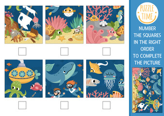  Vector under the sea activity. Ocean life complete the picture logic game with underwater landscape. Fun printable worksheet for kids. Find right piece of puzzle. Number squares in right order.