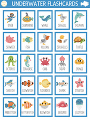 Vector big flash cards set with water animals, seaweeds, fishes, submarine, diver. English language game with cute underwater symbols for kids. Ocean life flashcards. Simple printable worksheet.