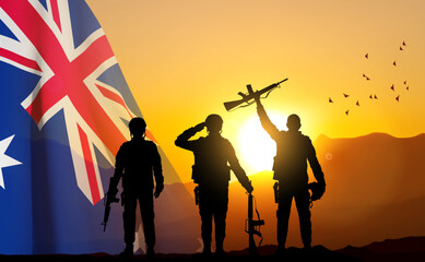 Wall Mural - Silhouette of Soldiers with Australian flag on background of sunset. Concept - Armed Force. EPS10 vector