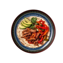 Wall Mural - Fajitas On Blue Smooth Round Plate On Isolated Transparent Background Mexican Food. Generative AI