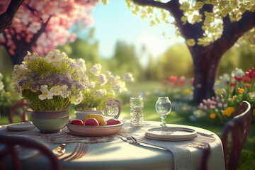 illustration of picnic in spring garnen on backyard. AI