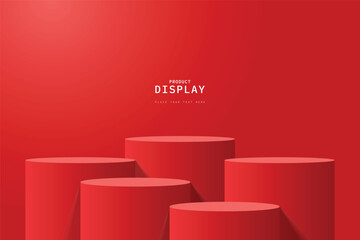Empty red clean room with set of five steps 3D cylinder podium pedestal or product display stand. 3D vector geometric platform design. Minimal wall scene for mockup. stage for product presentation.