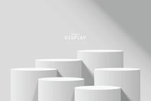 Empty White Room With Set Of Six Steps 3D Cylinder Podium Pedestal Or Product Display Stand. 3D Vector Geometric Platform Design. Minimal Wall Scene For Mockup. Stage For Product Presentation.