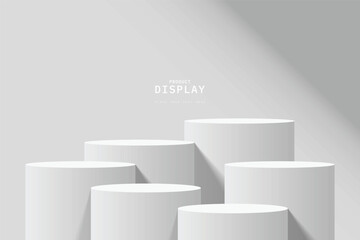 empty white room with set of six steps 3d cylinder podium pedestal or product display stand. 3d vect