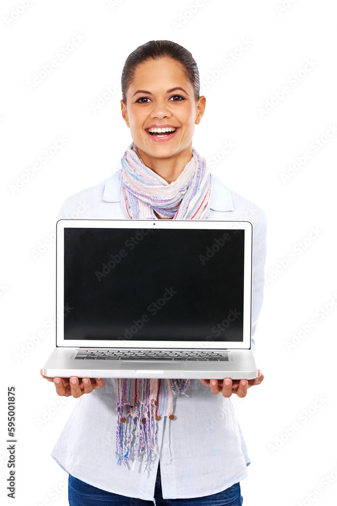 Laptop, mockup and woman or student portrait isolated on transparent png background in teaching or online learning. Happy biracial person on computer screen, college application or presentation space