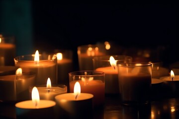 Wall Mural - Candles Burning In The Dark, Blurry Photo Of Lights. Generative AI