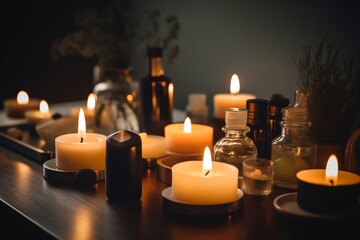 Wall Mural - Candles And Essential Oil On Table. Generative AI