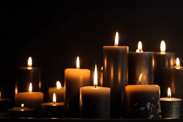 Wall Mural - Candles Grouped On Black Table With Blurry Background. Generative AI