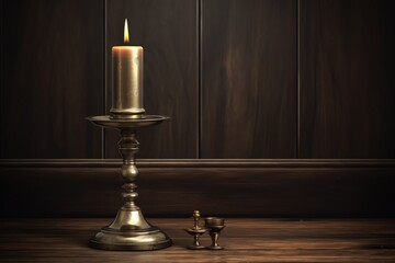 Wall Mural - Illustrated 3d Antique Brass Candle Holder With Lit Candlestick On Dark Wooden Backdrop. Generative AI