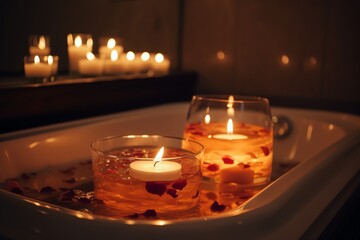 Wall Mural - Spa Tub Candles, Sudsy Relaxation, Romantic Bath. Generative AI
