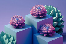 Generative AI Illustration Set Of Various Cactuses Placed On Rectangular Stands Among Pink Stones On Purple Background