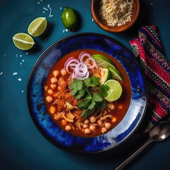 Wall Mural - Pozole On A Blue Abstraction Round Plate Mexican Food. Generative AI