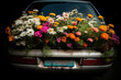 © ADDICTIVE STOCK - Generative AI illustration of rusty car with colorful blooming flowers in trunk on black background