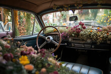 Generative AI Illustration Of Retro Car Interior With Colorful Blooming Flowers And Steering Wheel