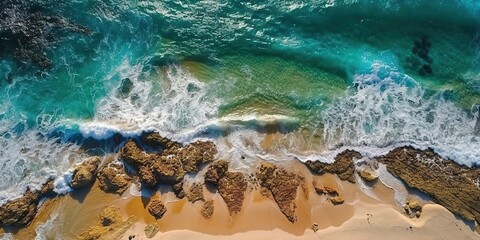 Poster - A beautiful picture of a rocky beach with a cliff from above.Aerial view. Panoramic shot. Generative AI