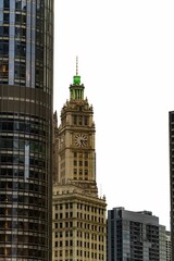 Wall Mural - Vertical view of an old clock tower surrounded by modern buildings against a clear sky