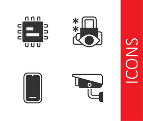 Canvas Print - Set Security camera, Processor CPU, Mobile phone and Cyber security icon. Vector