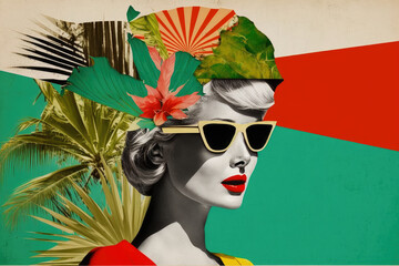 Wall Mural - 60s style fashion woman wearing trendy sunglasses. Summer collage palm trees. Generative AI